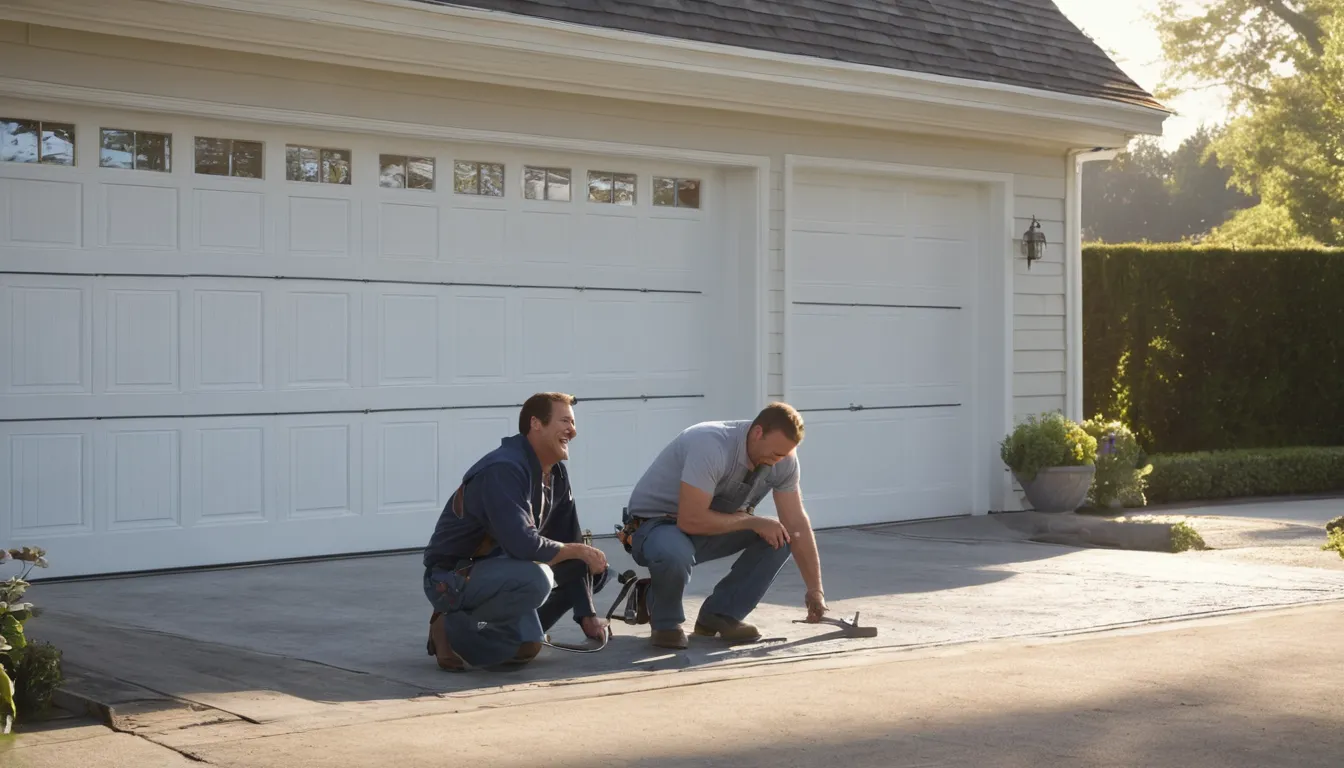 A friendly local garage door provider checking the track on a home's garage door in the Baltimore area
